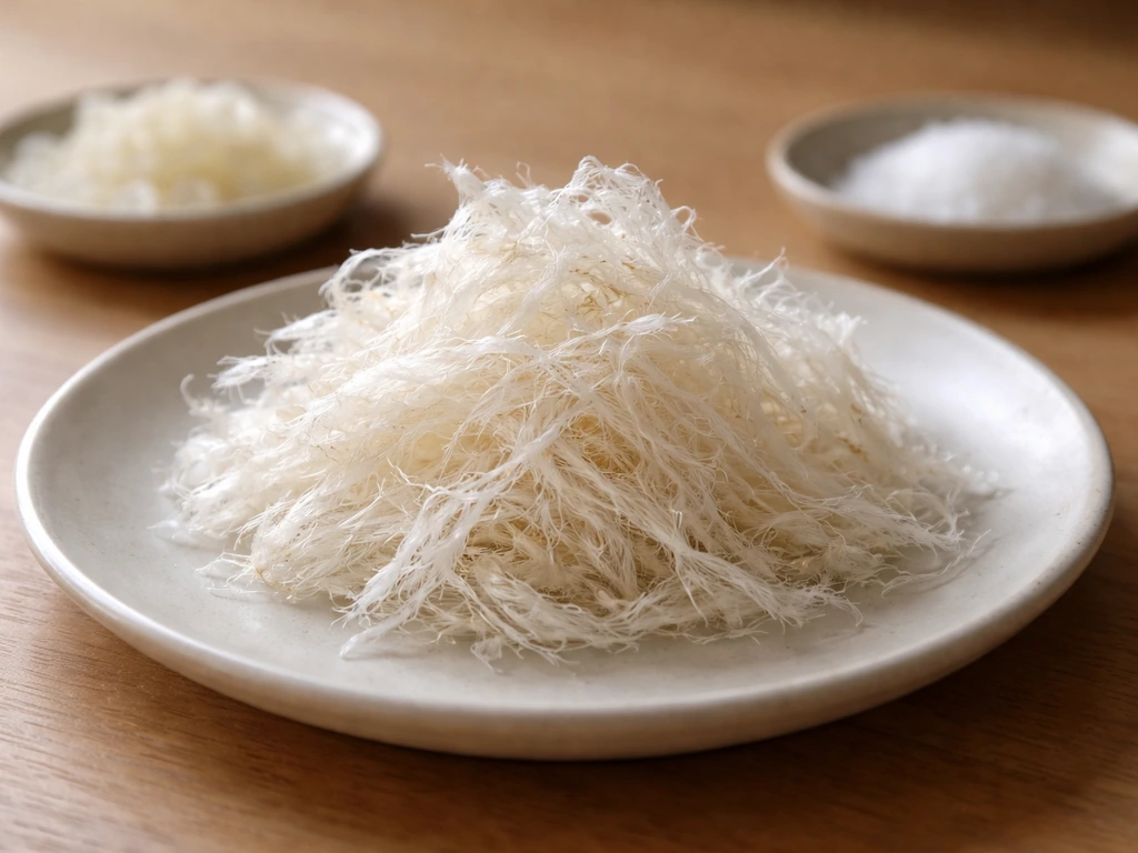 Close-up of dried edible bird’s nest beside sugar and salt in a clean kitchen setup.