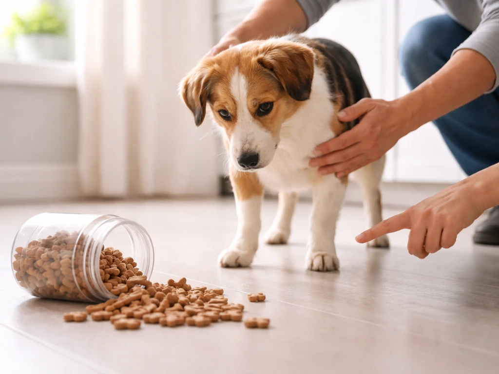 A person gently guides a dog away from a tipped treat container on a kitchen floor, pointing to the spill
