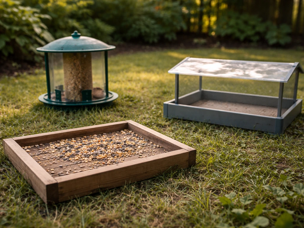 Ground-level open platform feeder in grass beside enclosed and barrier-sided feeders, minimal backyard scene.