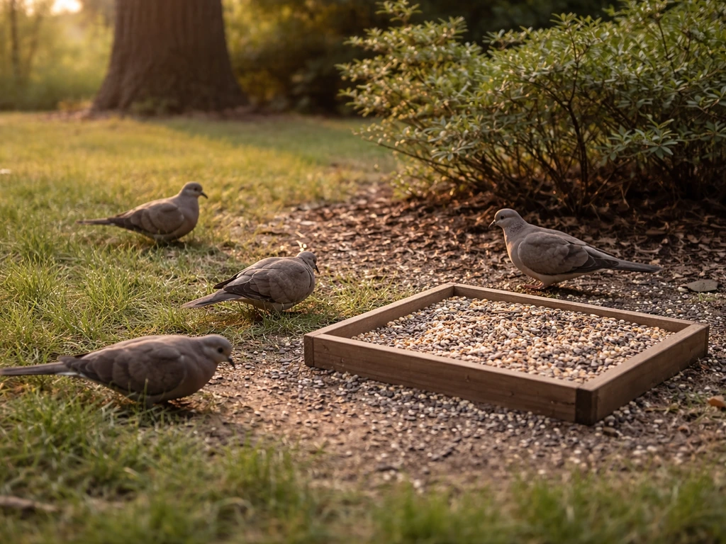 Ground-level seed patch and platform feeder on grass beside shrubs with mourning doves nearby.