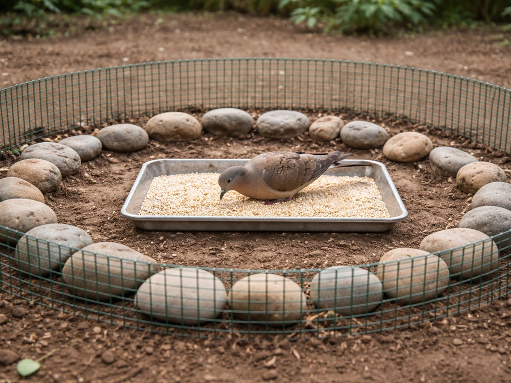 Ground-level dove feeder on millet with a low stone barrier that blocks pets while doves feed.