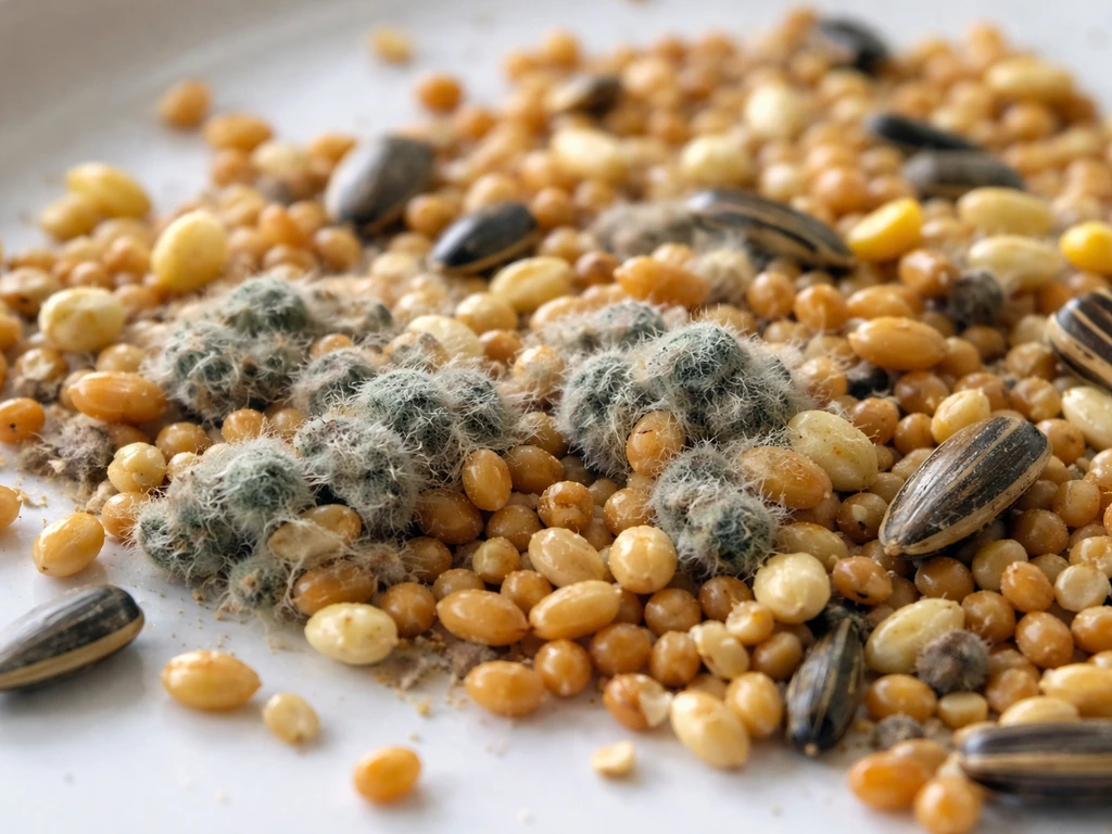 Macro view of bird seed kernels, with fuzzy mold growth on some and clean dry kernels nearby.