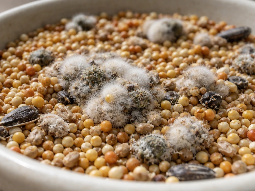 Close-up of dry bird seed with fuzzy white/gray mold patches and clumped discolored grains
