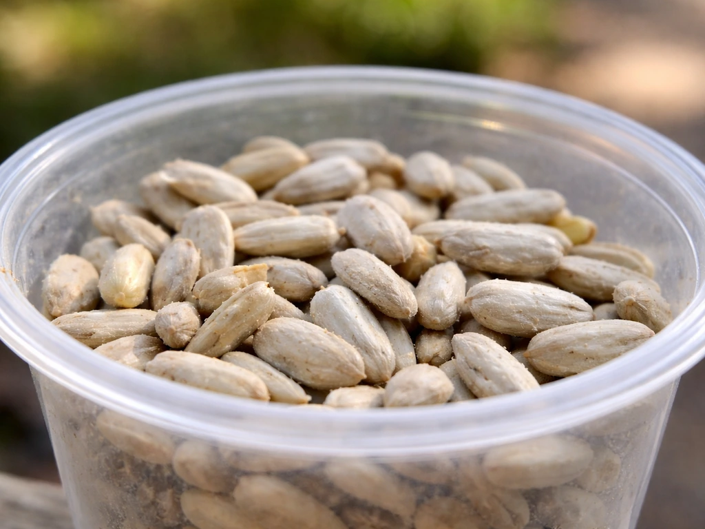 Close-up of sun-bleached bird seed kernels that look pale and chalky, not fuzzy or moldy.