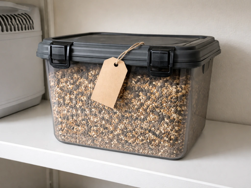 A hard-sided airtight container of bird seed with a tag, stored indoors in a dry, tidy spot