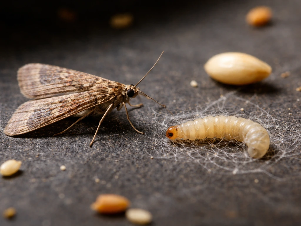 Macro close-up of a bird seed moth adult and larva with a couple seeds for size reference.