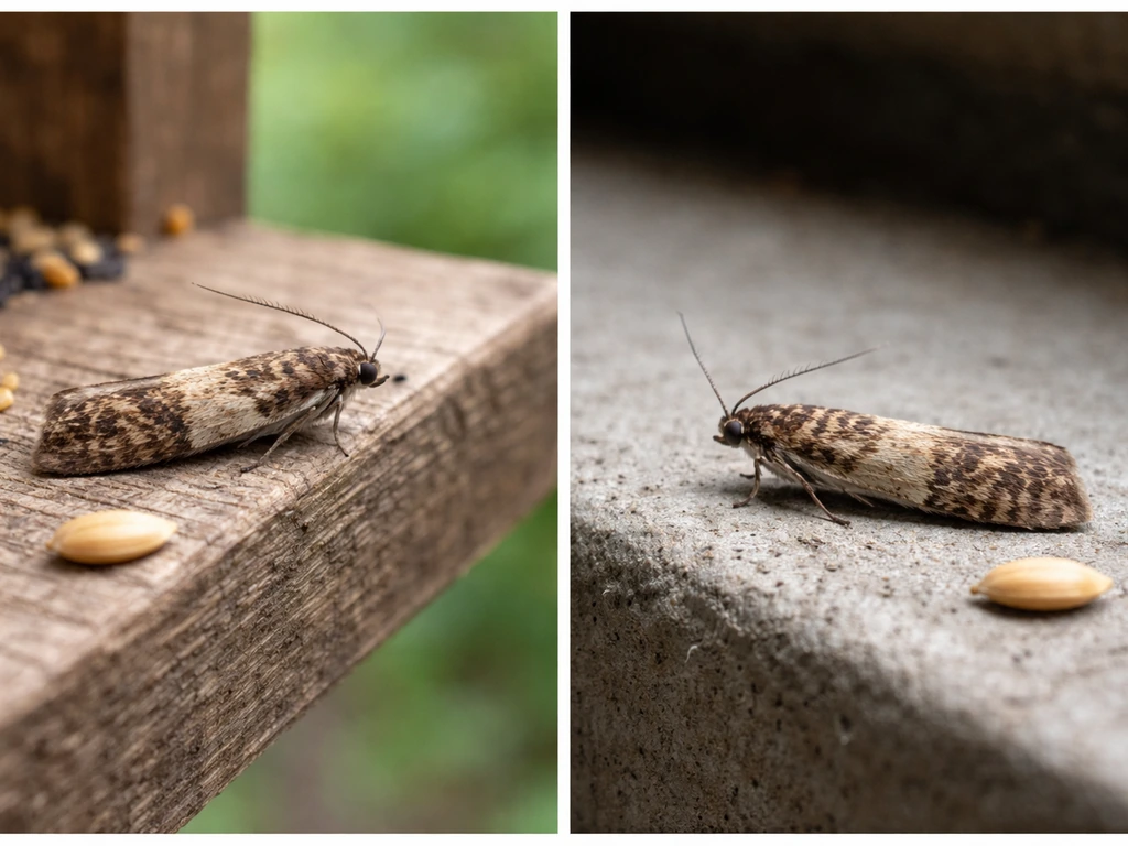 Macro side-by-side view of two adult bird seed moths on outdoor feeder wood and indoor concrete, with seed scale.