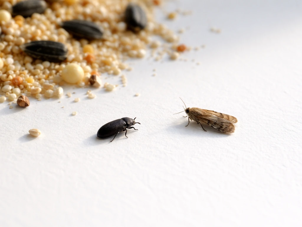 Minimal photo of small pantry insects on bird seed, emphasizing different body shapes