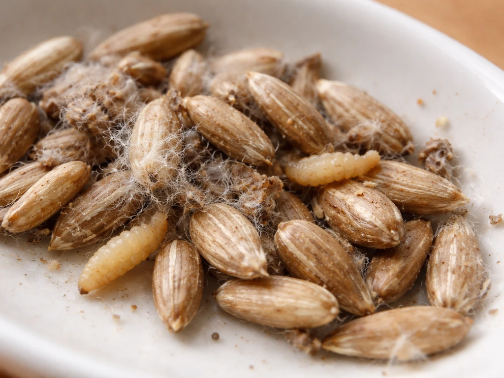 Macro close-up of seeds with fine silk webbing and a few pale larvae nearby on a white dish.