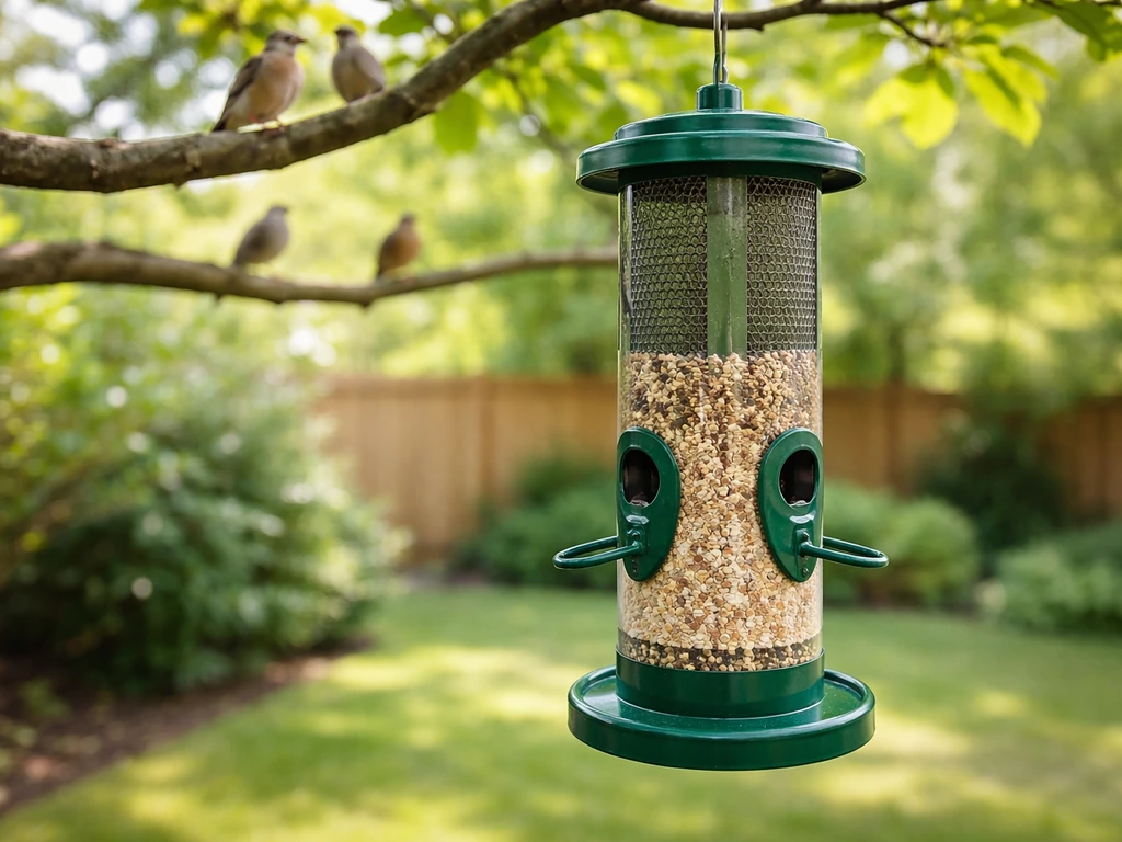 Clean backyard bird feeder in focus with a calm garden scene behind it, suggesting safe bird feeding practices.