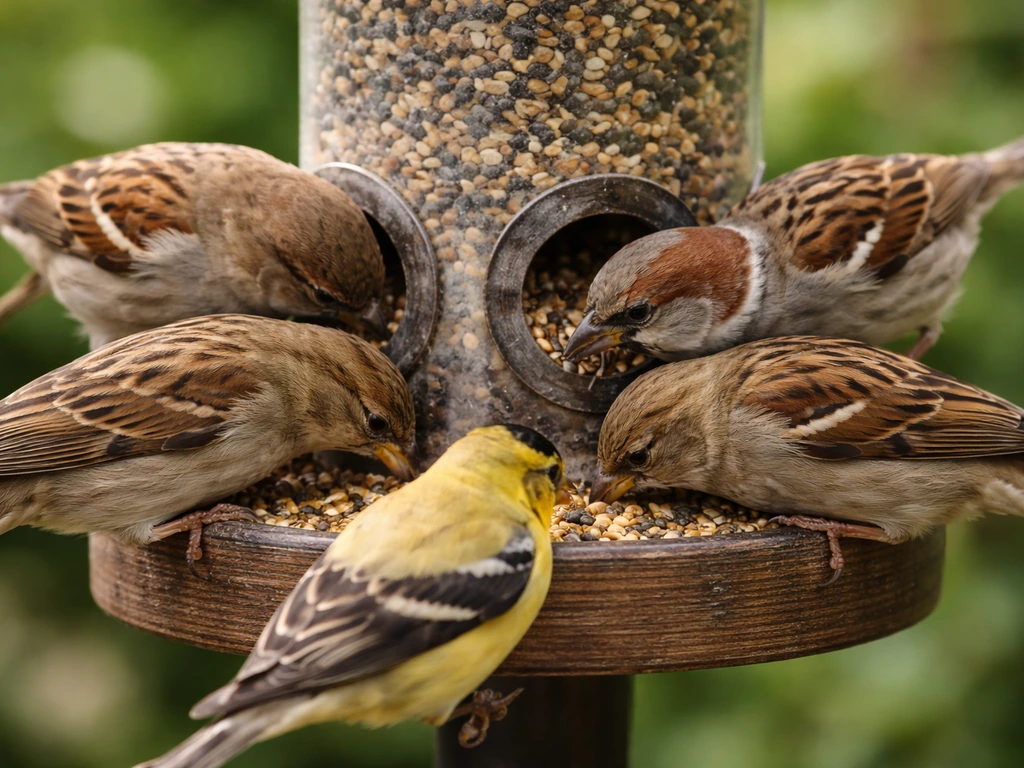 Close-up of small birds crowded at a backyard bird feeder in soft natural light.