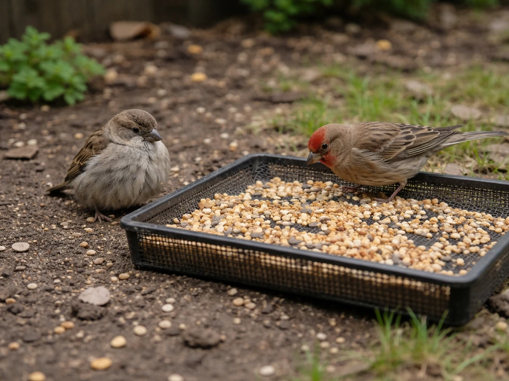 Backyard birds near a feeder with fluffed feathers and scattered seed, suggesting illness and contamination.