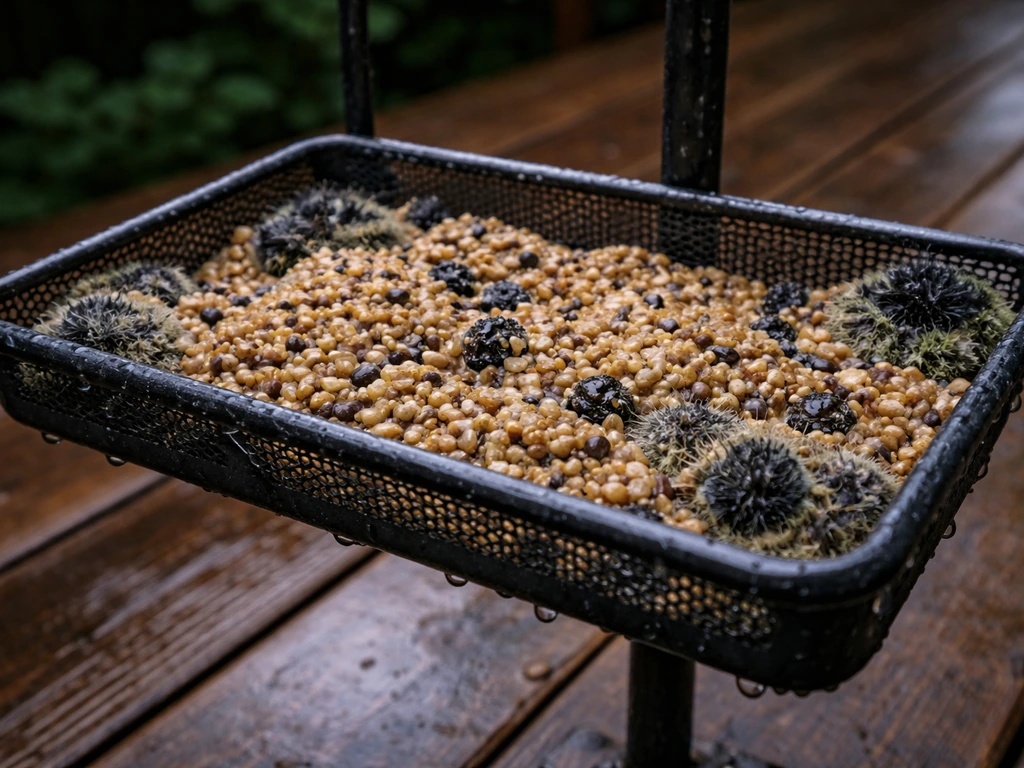 Shaded bird feeder tray after rain with damp, clumped, slightly moldy seed and visible moisture