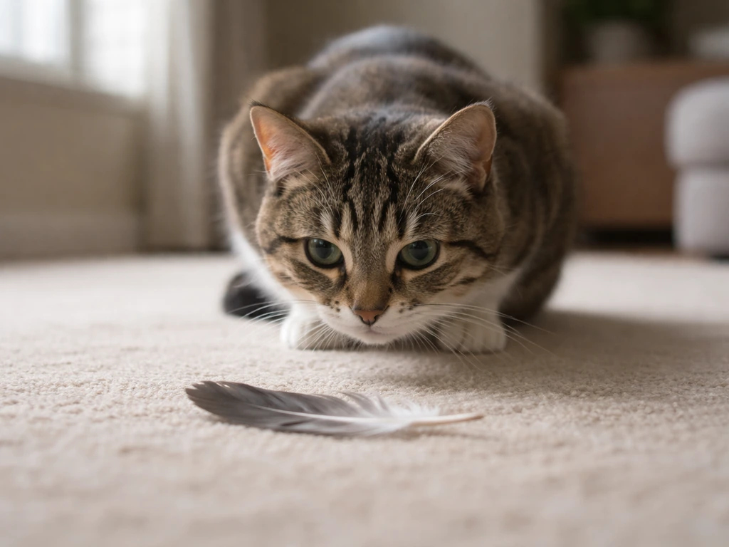 A cat sniffing a loose bird feather on the floor in a simple, sunlit living room.