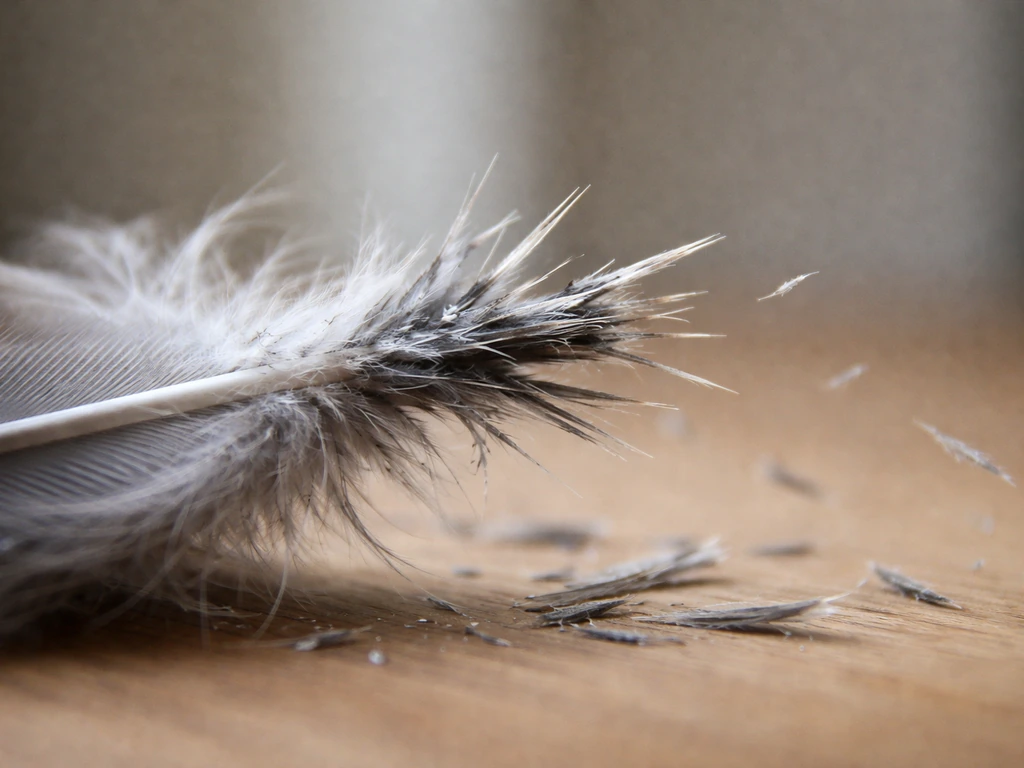 Close-up of a feather being chewed into small stiff fragments, showing sharp quill/barb texture.