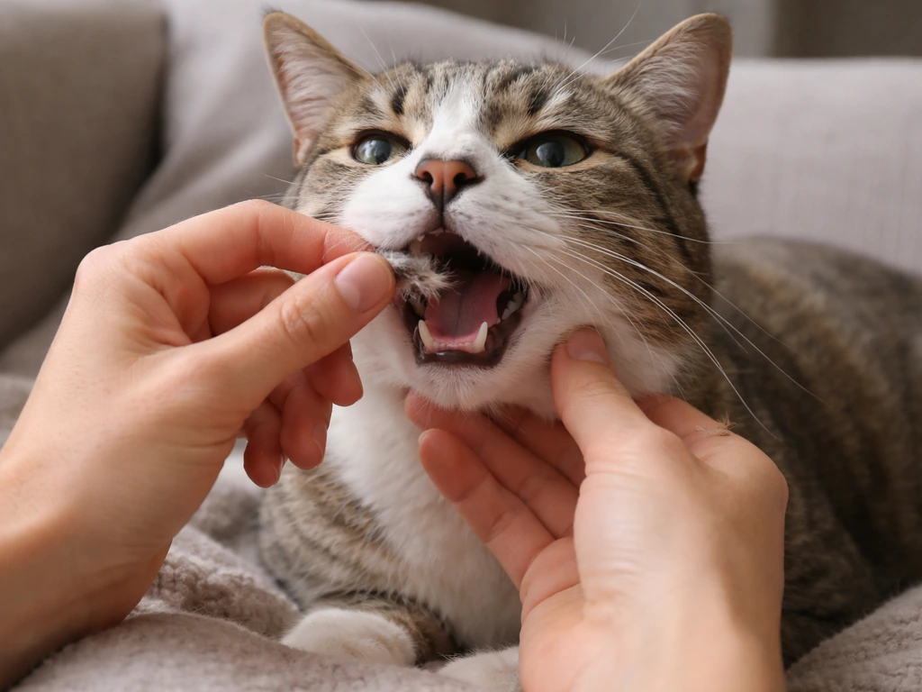 Person gently removes a chewed feather from a cat’s mouth while checking the gums for fragments.