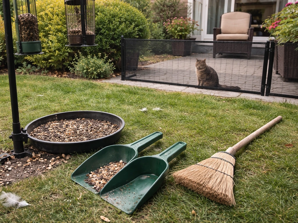 Tabby cat kept behind a simple barrier while backyard feeder area is swept clean