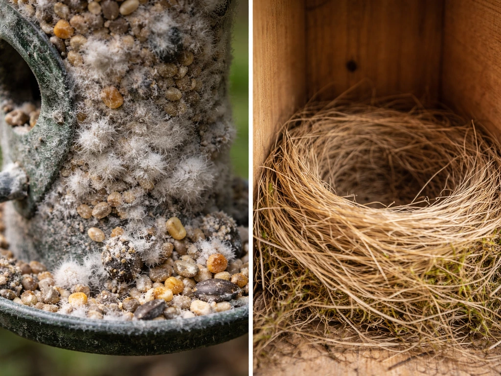 Split image showing white fuzzy fungus on a feeder versus an intact woven bird nest.