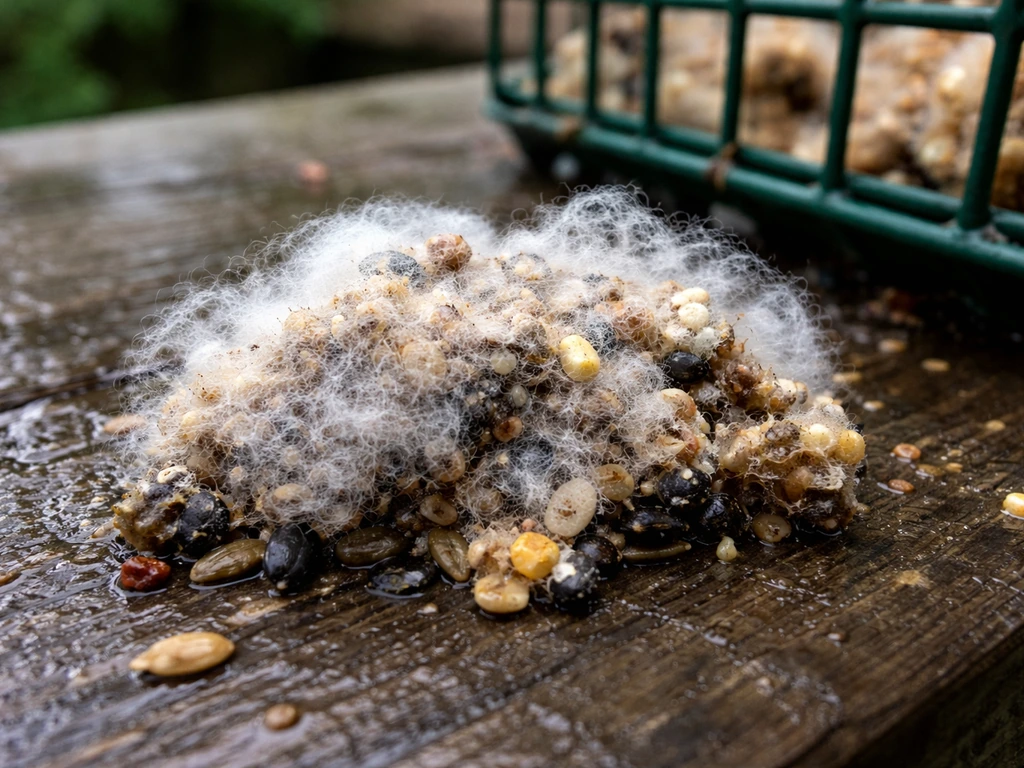 Close-up of white fuzzy mold on damp bird seed and suet scraps near a feeder.