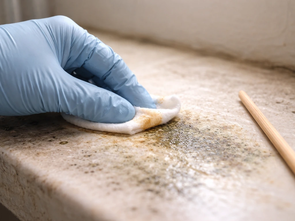 Gloved hand wipes a suspected moldy surface while a stick probes texture, showing close surface detail.