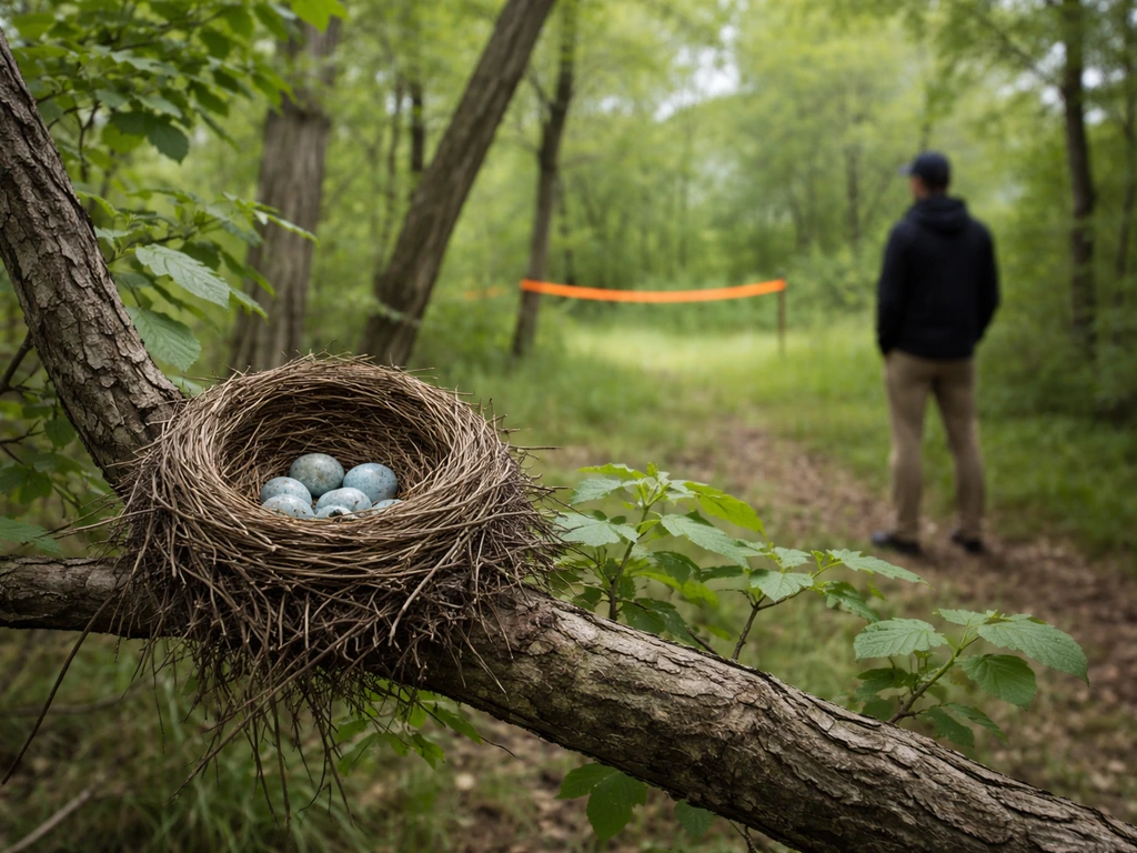 Bird nest on a tree branch with a visible safe-distance boundary and a distant observer posture.