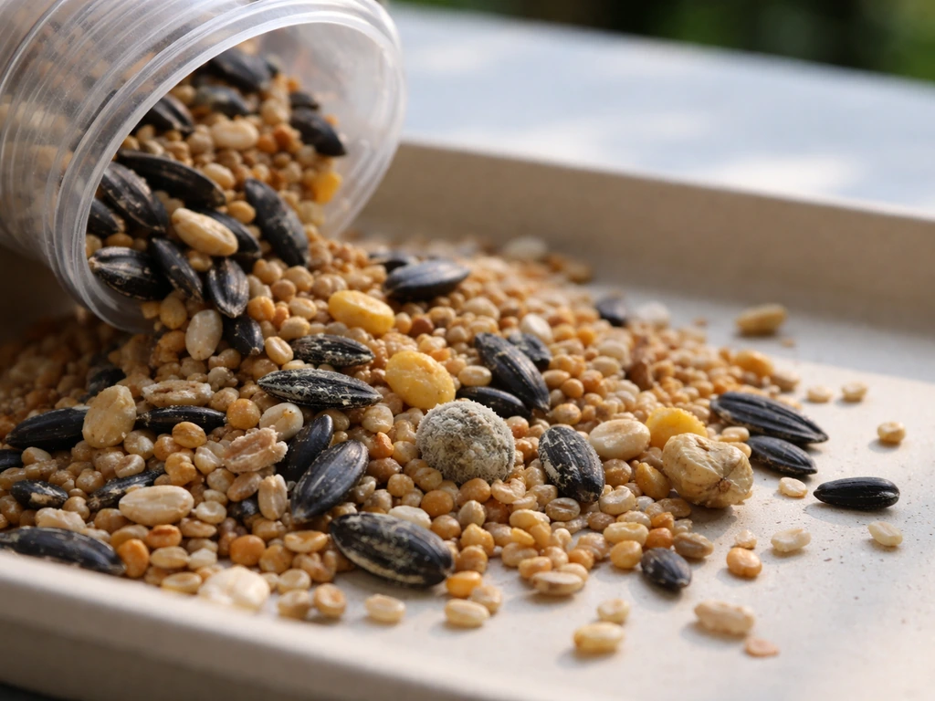 Bird seed spilled from a feeder onto a tray, with a few seeds slightly discolored for contrast.