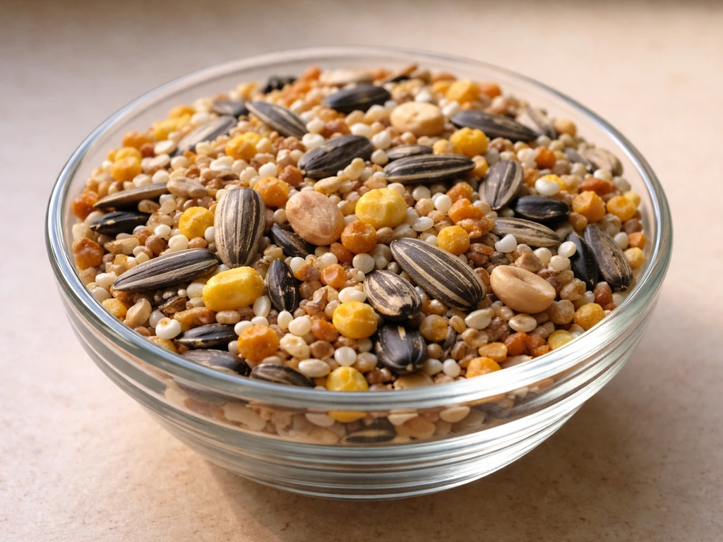 Clear bowl of birdseed mix showing sunflower seeds, millet, cracked corn, safflower, and peanuts