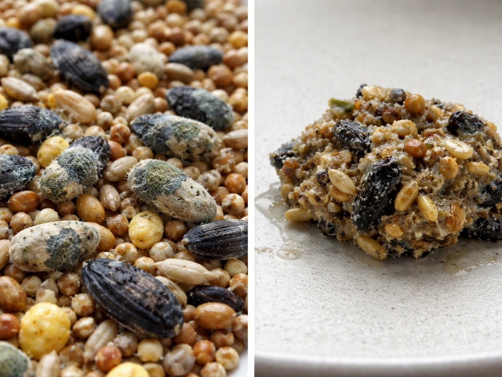 Macro view of moldy bird seed and a separate clumped, caked sample from moisture.