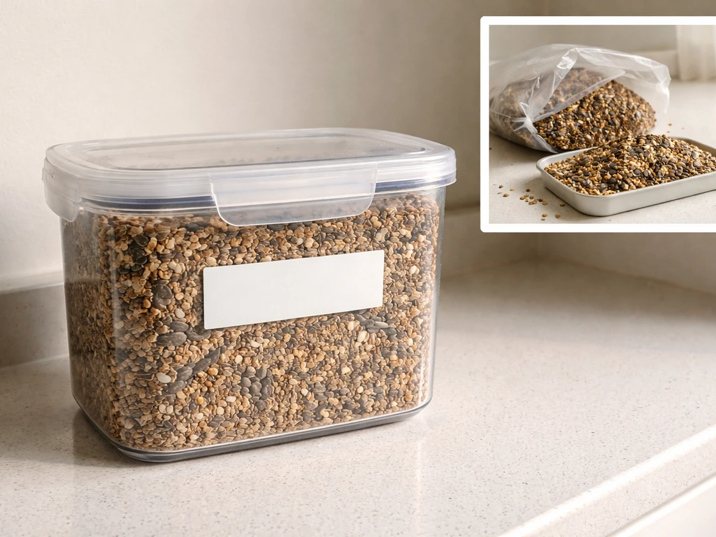 Airtight bird seed container kept dry, with a small contrast of loosely closed, slightly spilled seed.