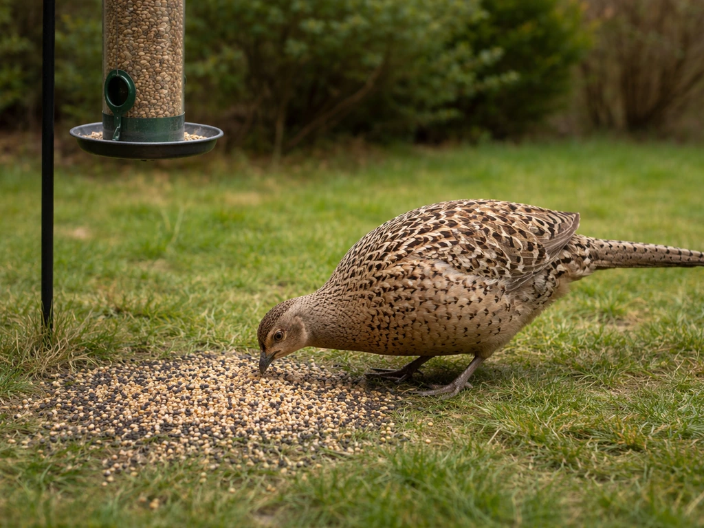 Brown pheasant foraging on the ground near a backyard feeder, eating spilled wild bird seed.