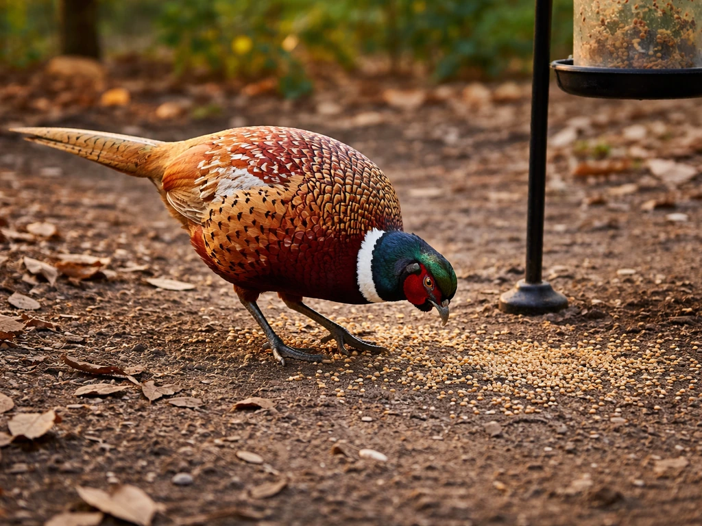 A pheasant on the ground scratching and pecking at soil near a bird feeder in a quiet yard.
