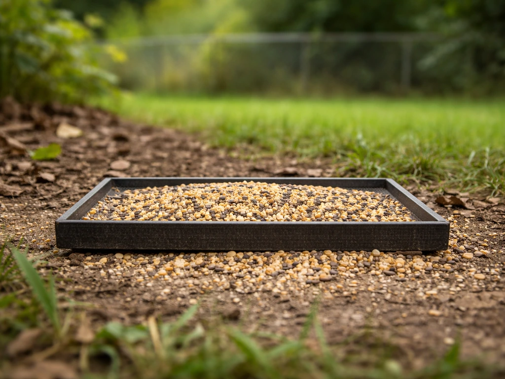 Low platform tray feeder on the ground with spilled seed, showing how to attract pheasants