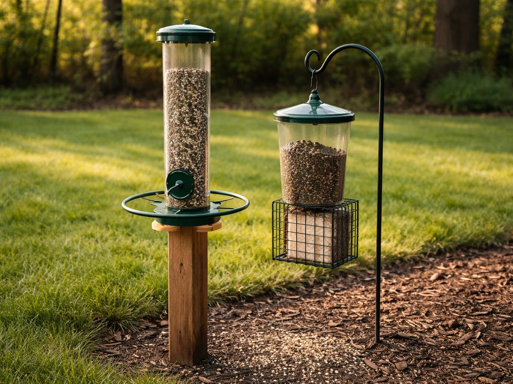 Minimal backyard scene showing a tube feeder with small perches beside a less-attractive seed mix container.