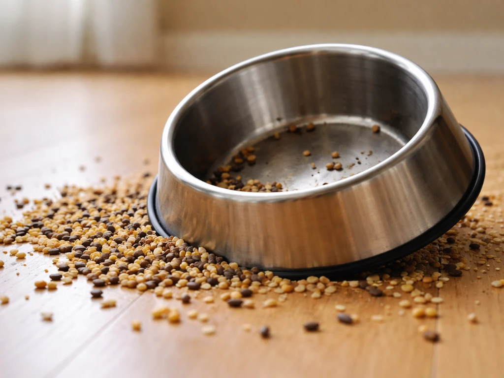 Tipped metal dog bowl with scattered bird seed on a clean floor, suggesting risk from overeating.