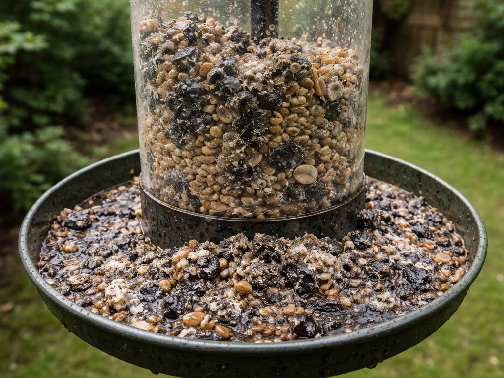 Moldy, damp bird seed with clumps and dark spotting inside an outdoor feeder tray.