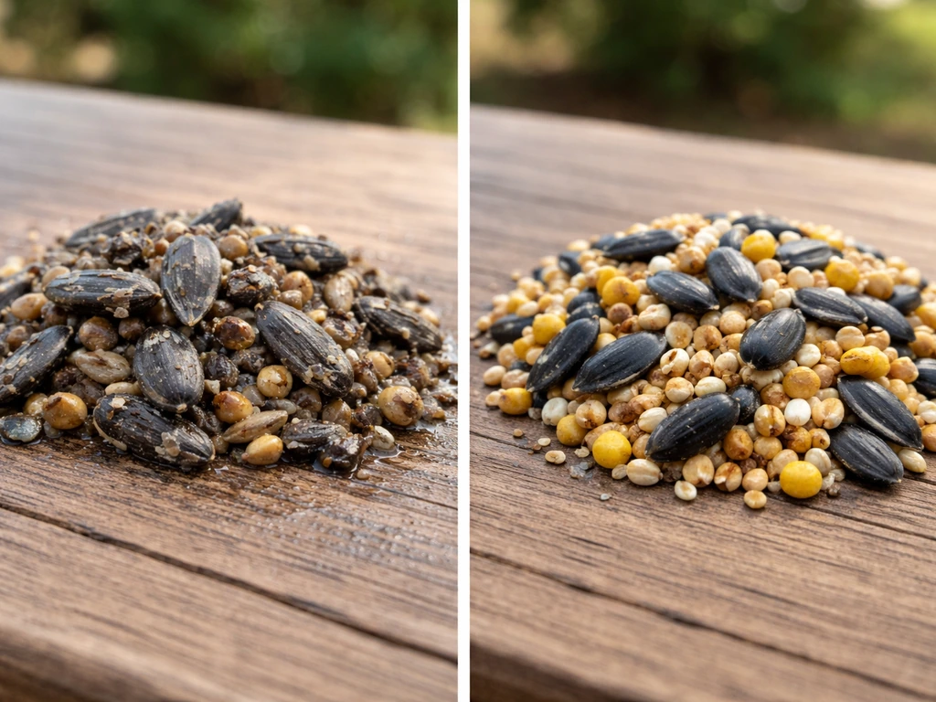 Close-up comparison of rancid clumped bird seed with oily residue versus fresh bright dry seed.