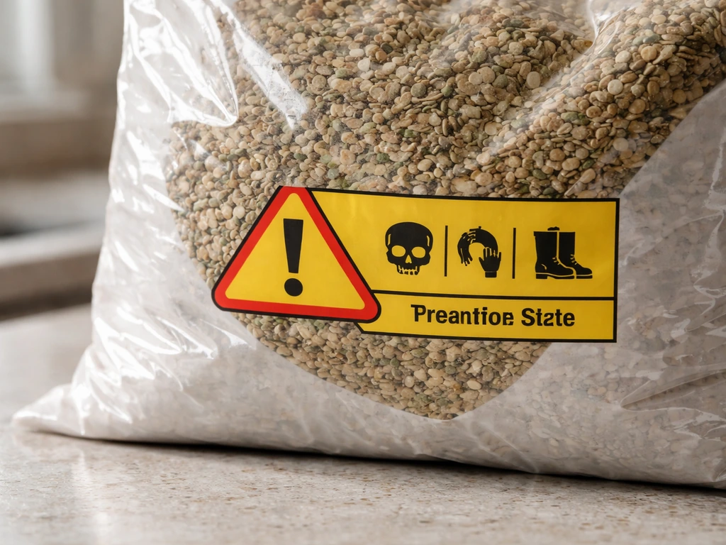 Close-up of a bird seed bag showing pesticide warning label and treated-seed area