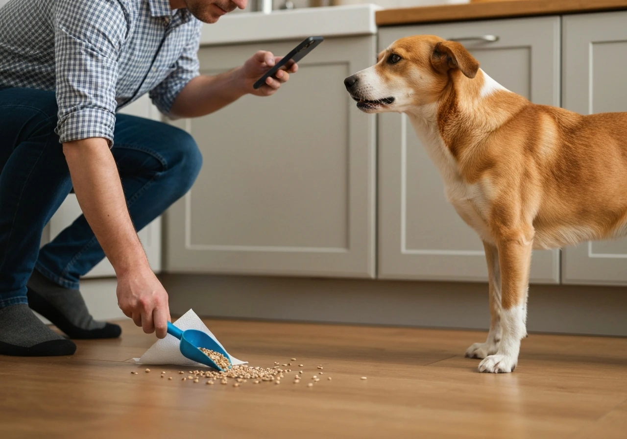 Person scoops spilled bird seed as a dog stands calmly; phone raised to call a vet.