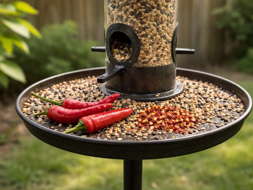 Backyard bird feeder with seed tray, hot peppers and red pepper flakes nearby as a deterrent theme.