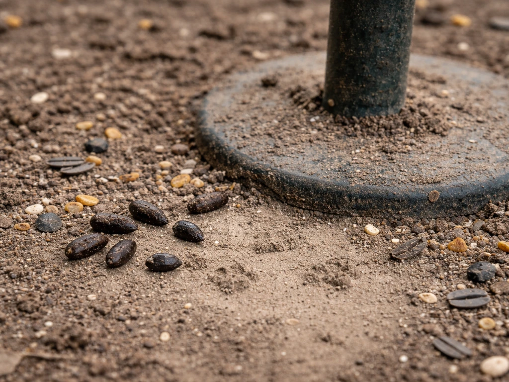 Close-up of rat droppings and paw tracks near the base of an outdoor bird feeder