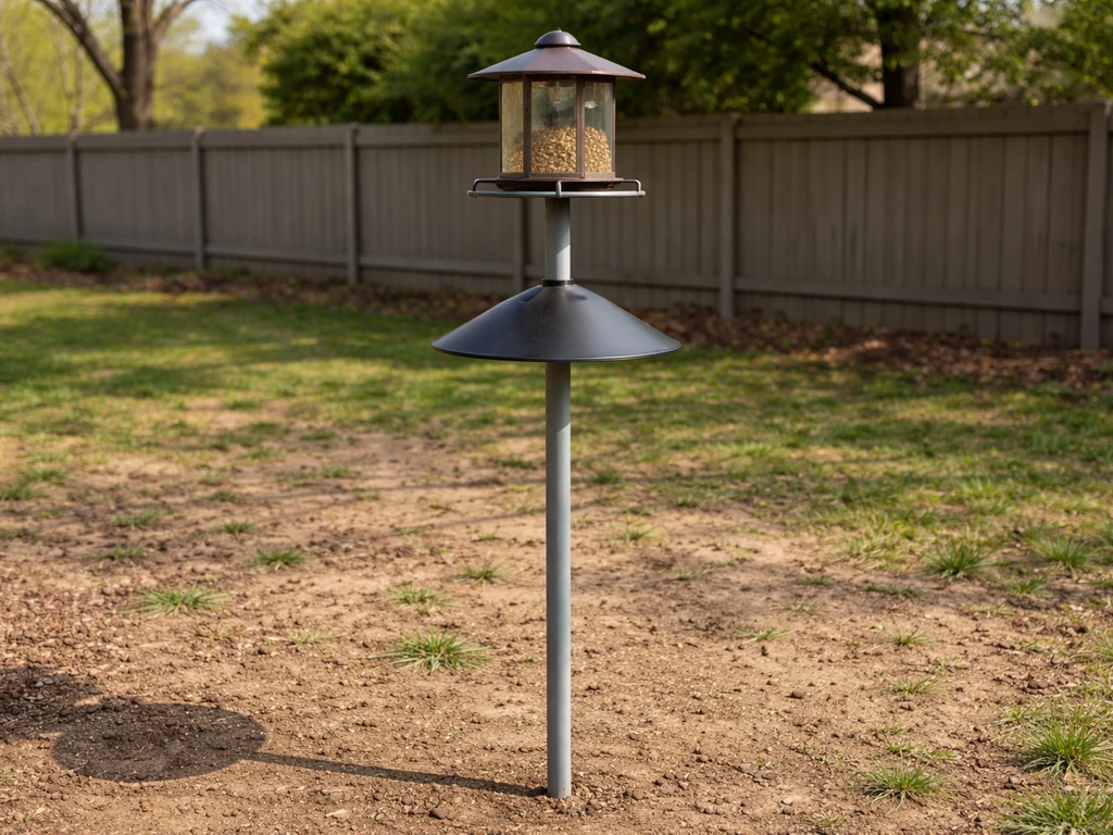 Baffle bird feeder on a smooth metal pole, elevated off the ground to prevent rat climbing.