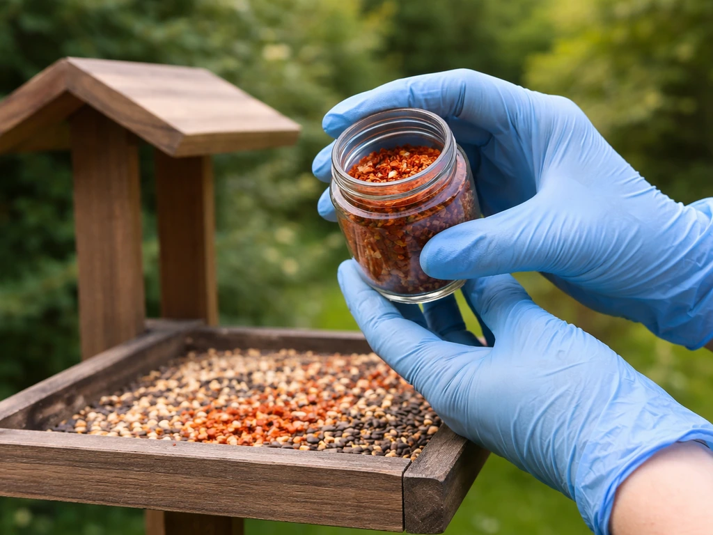 Gloved hands holding cayenne granules near a backyard bird feeder in natural light.