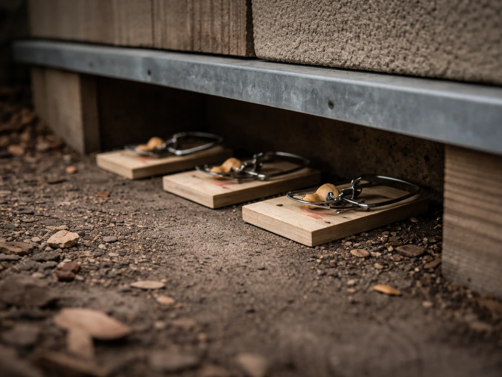 Snap traps placed under a covered wall area near a rat run, safely out of reach.