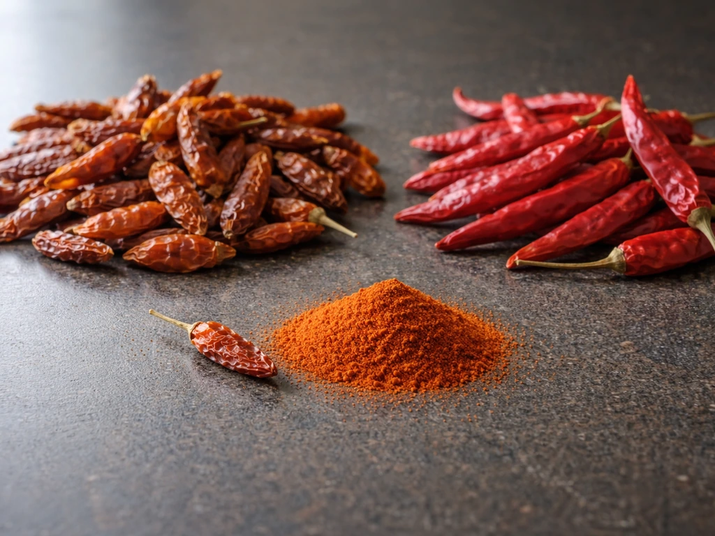 Split view of dried African bird pepper pods and cayenne pods with a small cayenne powder mound.