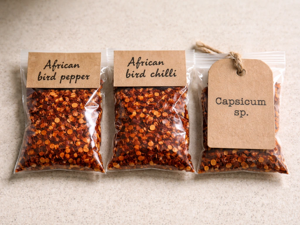 Close-up of spice packets with inconsistent labels and a separate herb tag showing species field