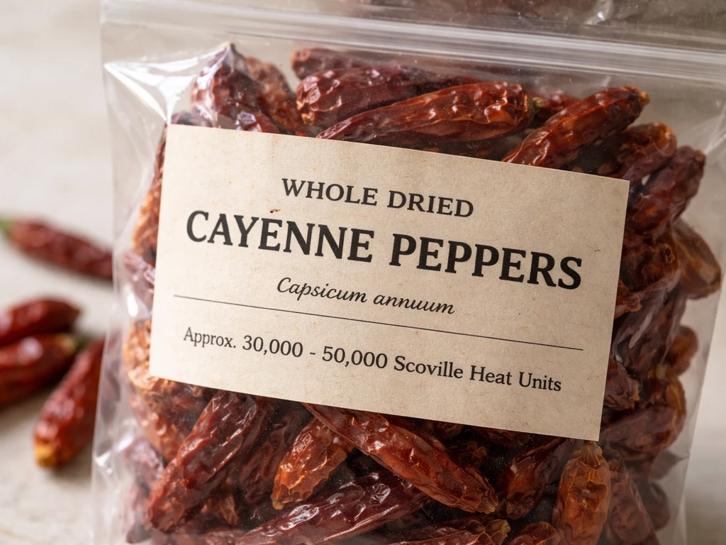 Close-up of cayenne pepper packaging showing botanical species name and heat-unit number in focus.