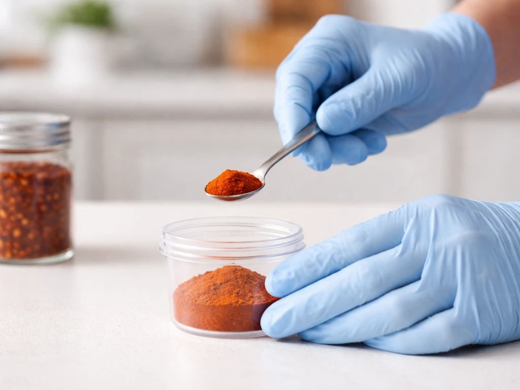 Gloved hands measuring hot pepper powder into a small container on a kitchen counter.