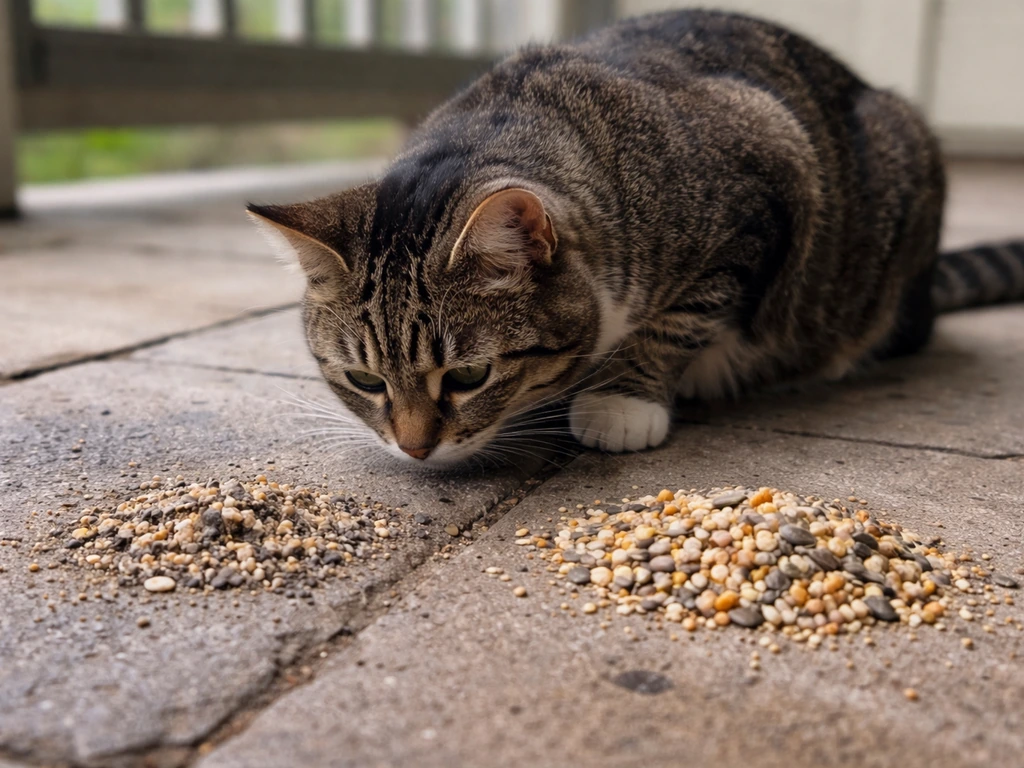 Cat cautiously sniffing spilled bird seed on a damp patio, with one pile looking older and clumped.