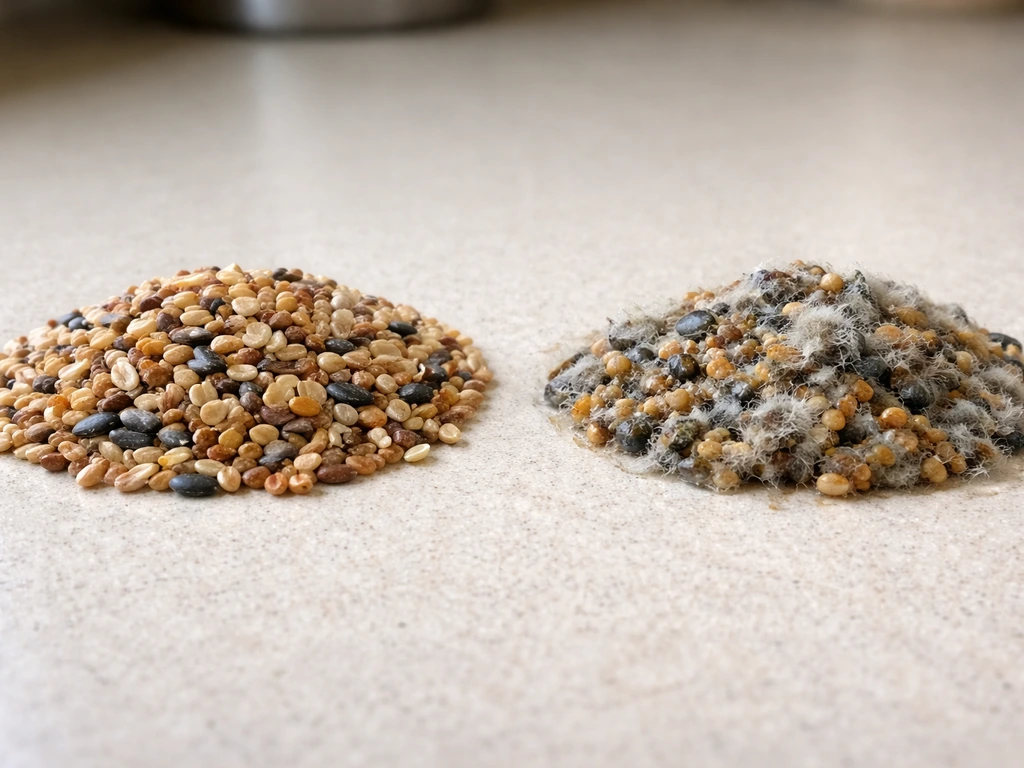 Left pile of dry birdseed, right pile of damp birdseed with visible fuzzy mold and clumping.
