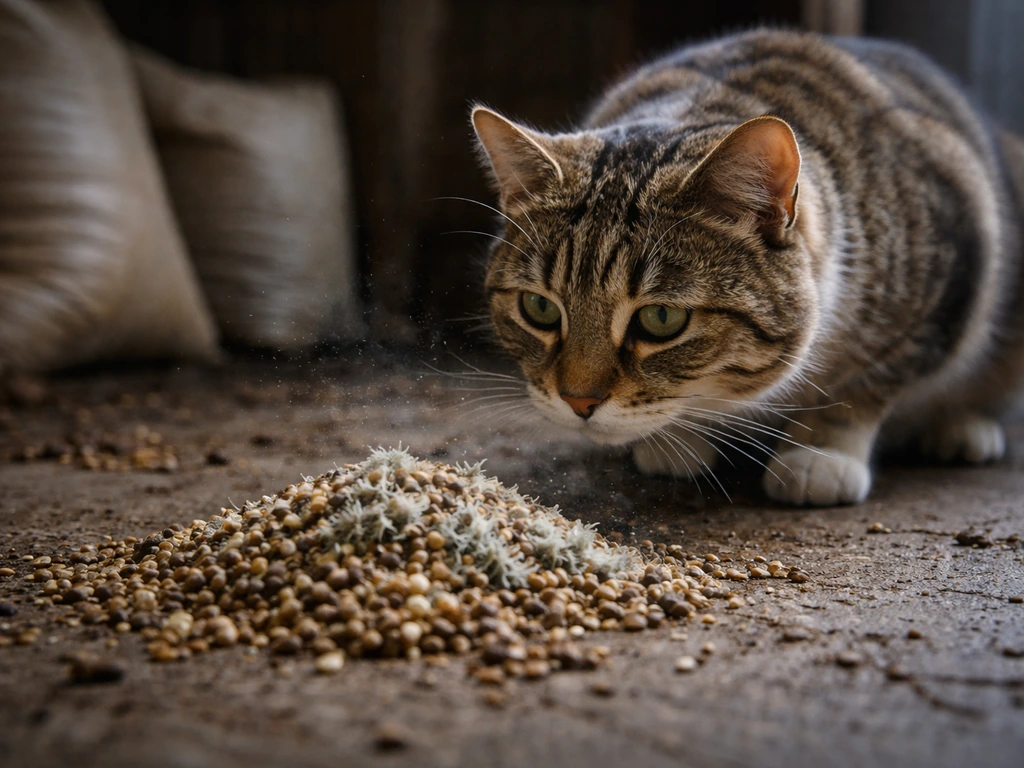Cat sniffing near an old damp seed pile with visible dust-like particles in the air